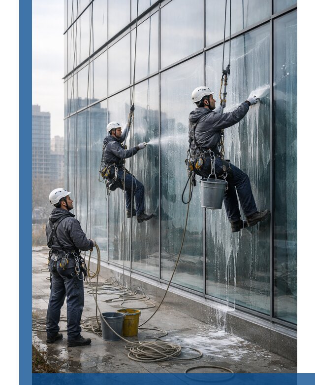 Промышленная мойка панорамных окон на высоте в Лысьве