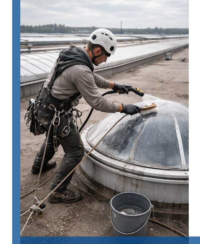 Мойка зенитных фонарей на кровле для промышленных объектов в Лысьве