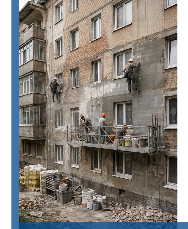 Капитальный ремонт фасада в Лысьве с восстановлением и гидроизоляцией