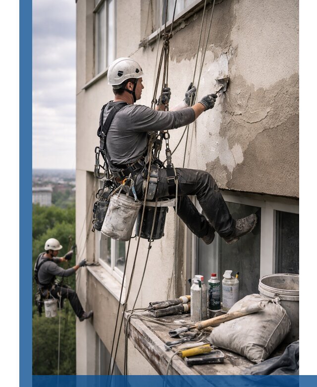 Косметический ремонт фасада зданий в Лысьве промышленными альпинистами