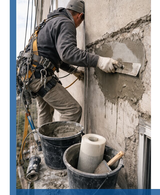 Ремонт бетонных элементов фасада промышленными альпинистами в Лысьве