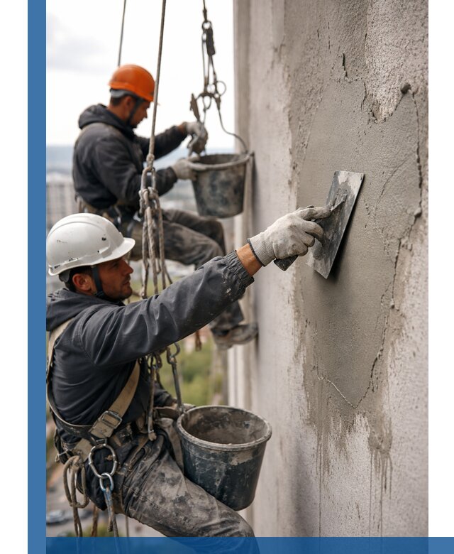 Штукатурка фасада на высоте в Лысьве профессиональные работы