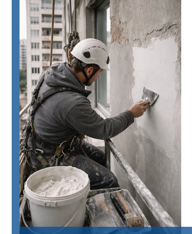 Шпаклевка фасадов на высоте с промальпинистами в Лысьве