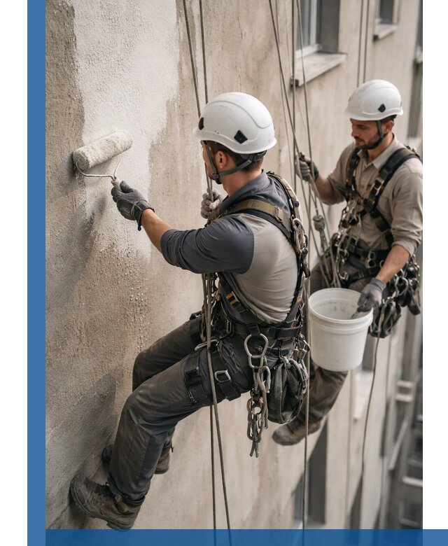 Грунтовка фасада на высоте в Лысьве промышленными альпинистами