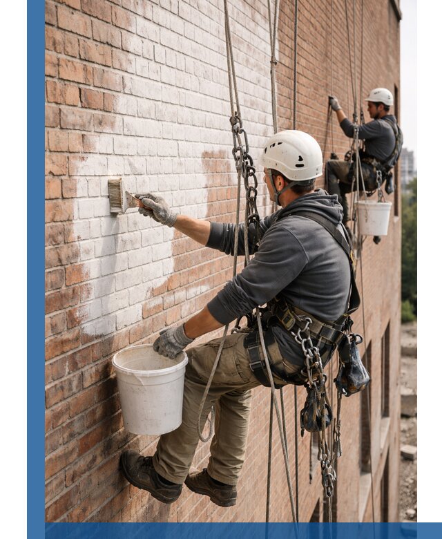 Покраска кирпичного фасада с доступным альпинистским сервисом в Лысьве