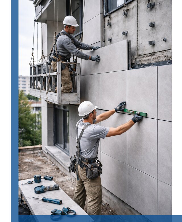 Монтаж керамогранита на фасад в Лысьве под ключ с гарантией качества