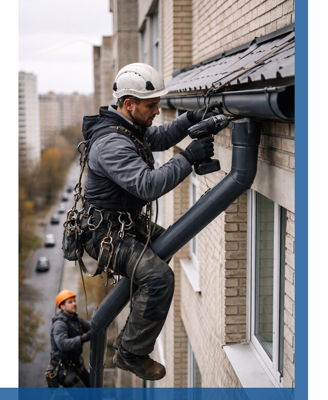 Монтаж водосточной системы на здании в Лысьве от 5129 р. | ВЫСОТНИК-Лсь