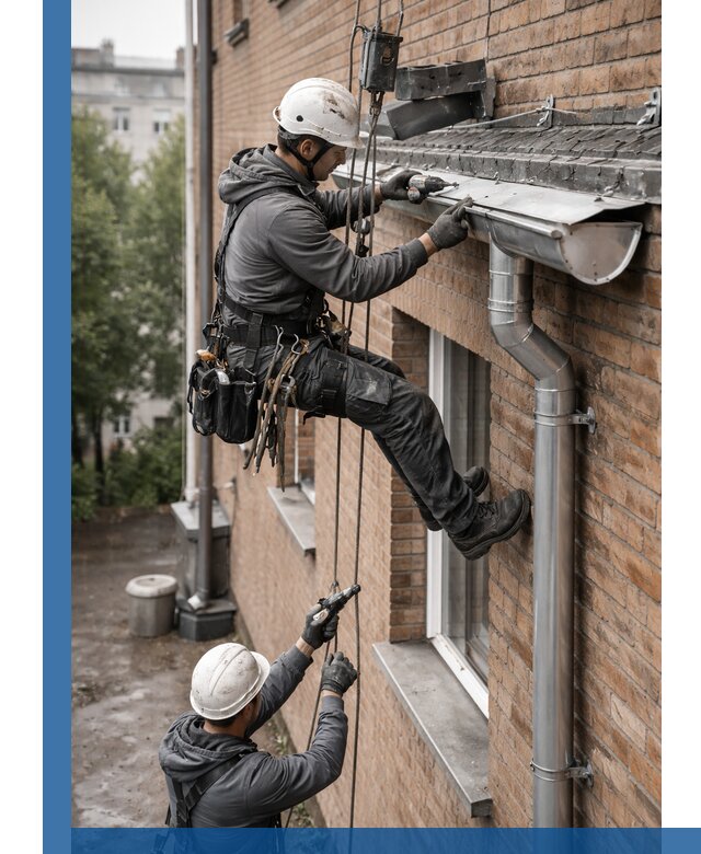 Монтаж водосточной системы на здании в Лысьве под ключ