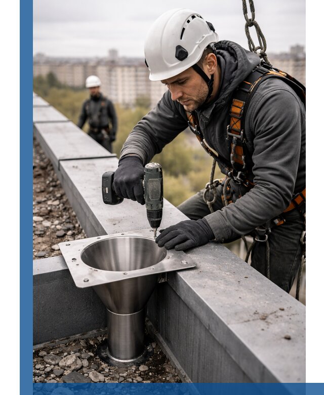 Монтаж водосточных воронок в Лысьве для промышленных зданий