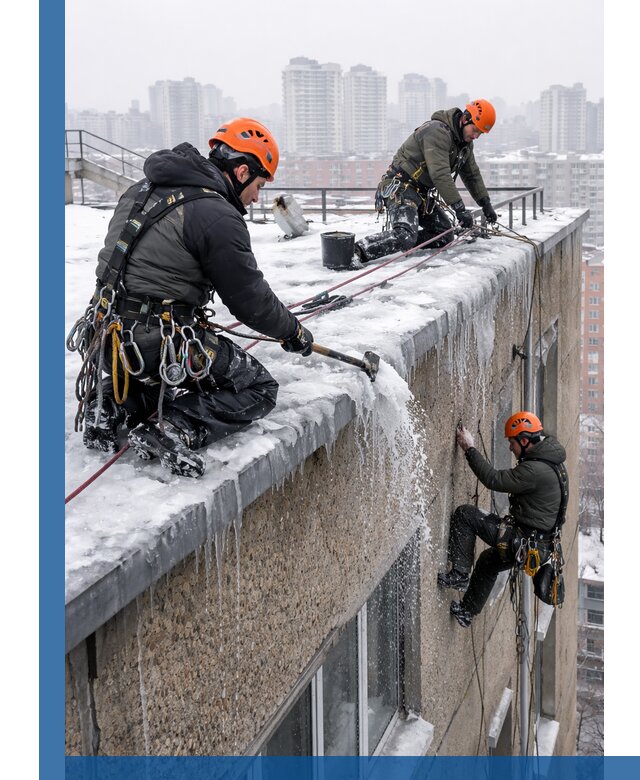 Удаление наледи с кровли в Лысьве промышленными альпинистами