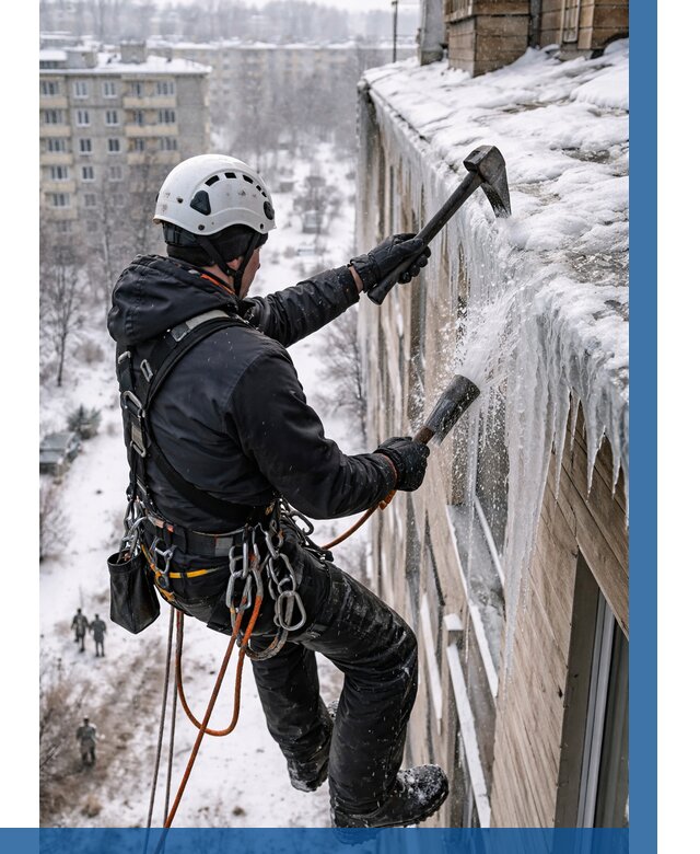 Сбивание сосулек с крыши в Лысьве по цене от 4616 р. | ВЫСОТНИК-Лсь