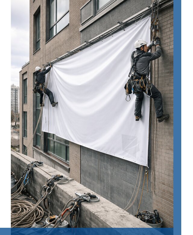 Монтаж баннеров на фасаде в Лысьве от 667 р. заказать ВЫСОТНИК-Лсь