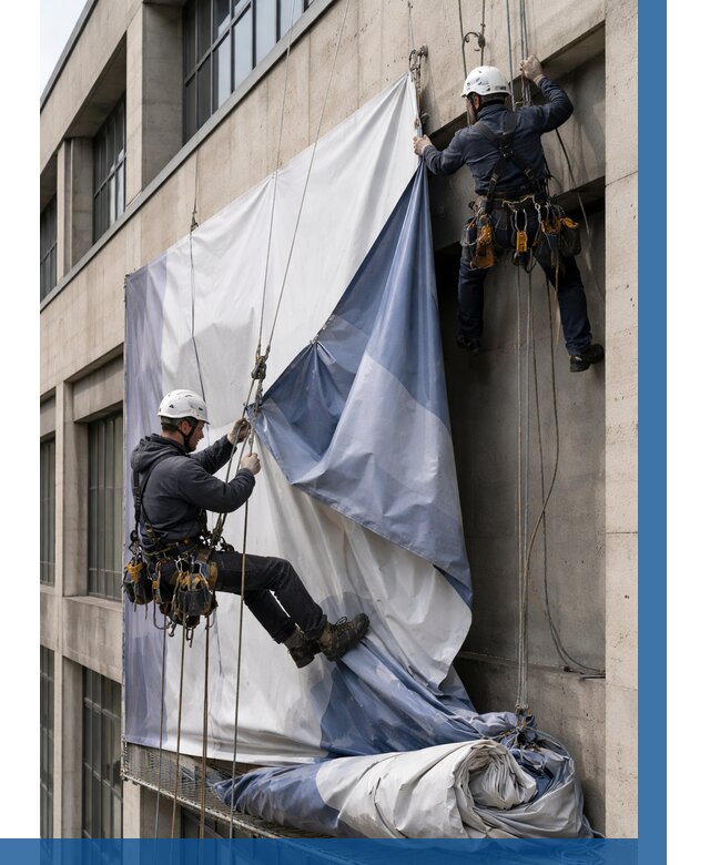 Демонтаж баннеров с фасада в Лысьве от 4616 р. | ВЫСОТНИК-Лсь