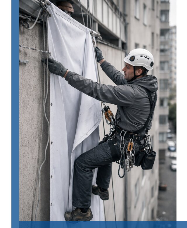 Замена баннерного полотна промышленными альпинистами в Лысьве