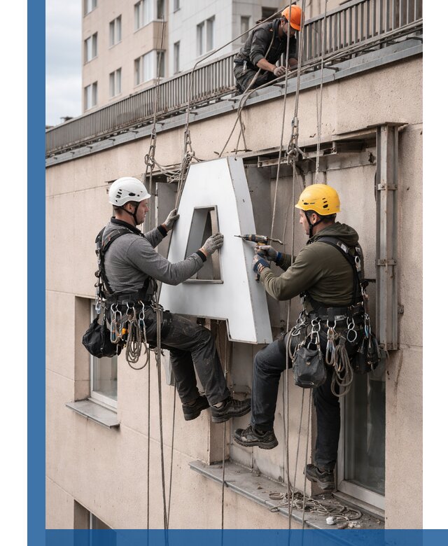 Ремонт и восстановление наружных вывесок на высоте в Лысьве