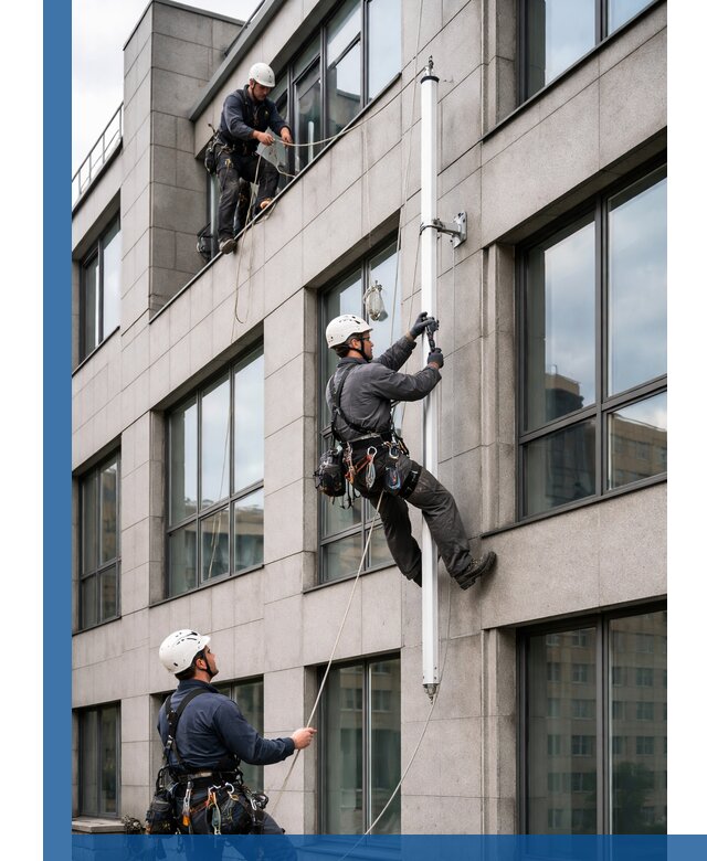 Монтаж флагштока на фасаде здания с креплением и герметикой в Лысьве