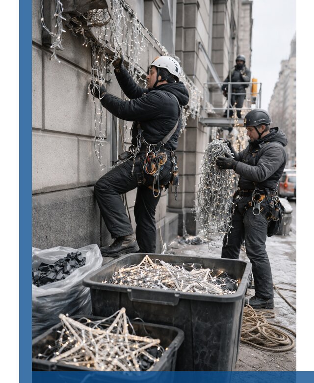 Демонтаж новогоднего оформления и гирлянд в Лысьве