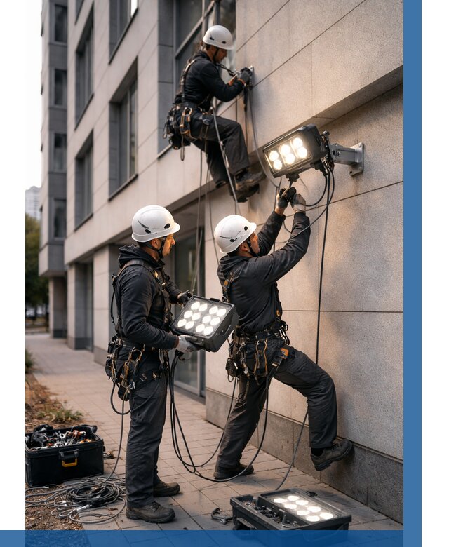 Монтаж прожекторов на фасаде в Лысьве от 7693 р. | ВЫСОТНИК-Лсь