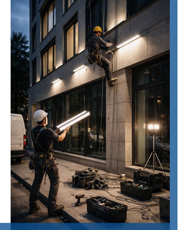 Монтаж архитектурной подсветки здания в Лысьве от 2564 р.|ВЫСОТНИК-Лсь