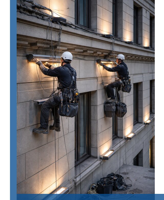 Монтаж архитектурной подсветки фасадов зданий в Лысьве