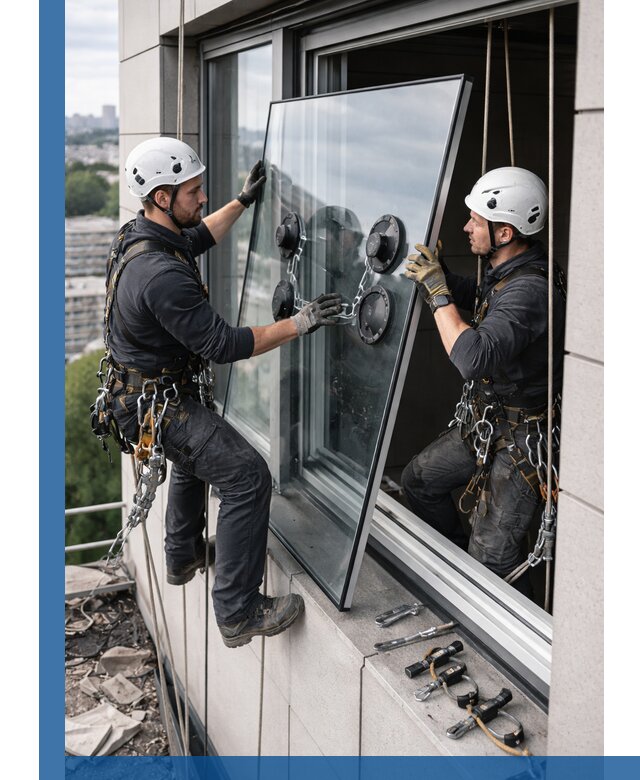 Замена стеклопакетов на высоте с промышленными альпинистами в Лысьве