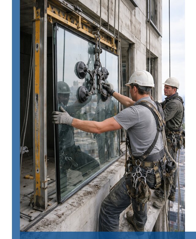 Монтаж стеклопакетов на высоте в Лысьве с промышленным альпинизмом