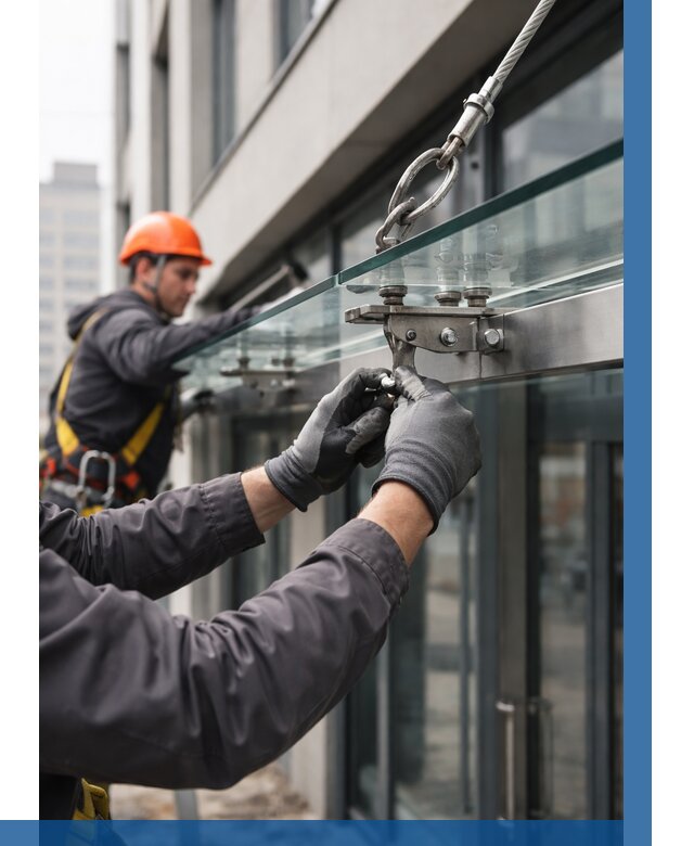 Монтаж стеклянных козырьков в Лысьве от 8718 р. | ВЫСОТНИК-Лсь