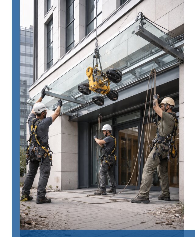 Монтаж стеклянных козырьков под ключ в Лысьве для зданий