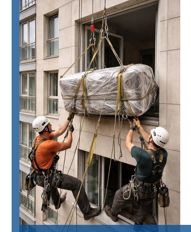 Подъем грузов через окно в Лысьве промышленными альпинистами