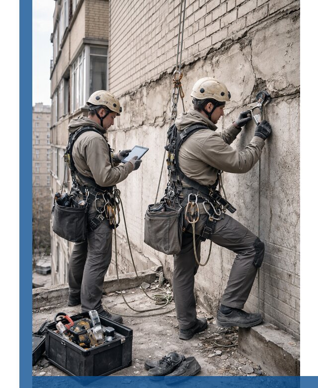 Обследование фасада промышленными альпинистами в Лысьве